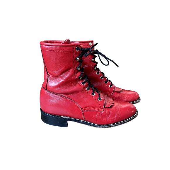 VNTG Justin Roper Women's Cherry Red Leather Fringe Lace Up Western Boots 6.5B - Picture 3 of 14